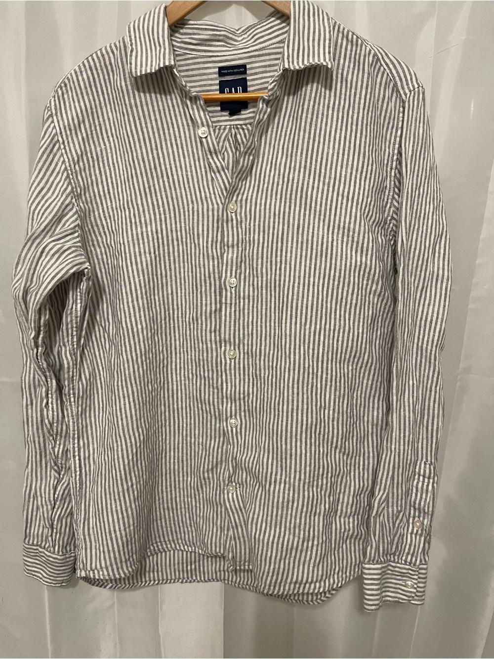 GAP Grey Striped 100% Linen Long Sleeve Button Up Boyfriend Shirt Size Small